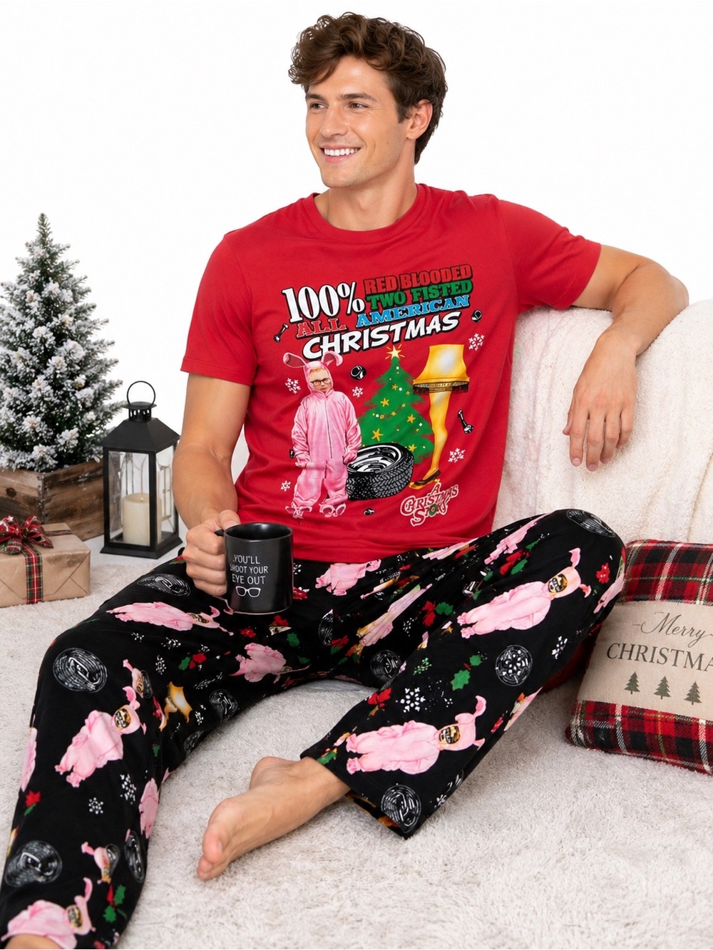 A Christmas Story Ralphie Leg Lamp Mens Pajama Set Holiday Sleepwear NWT L